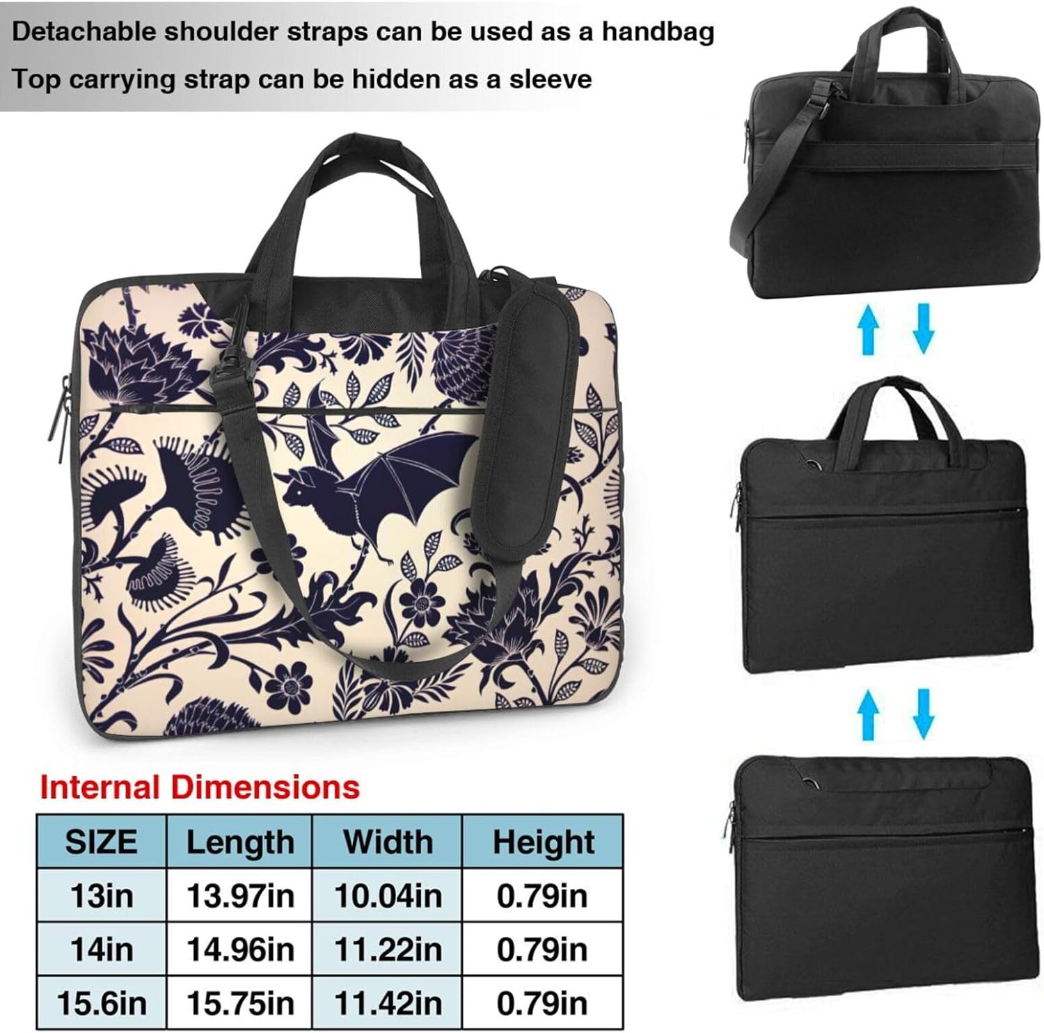 Bat Print Print Laptop Shoulder Bag Messenger Bag Notebook with Accessories Pocket 13/14/15.6 inch