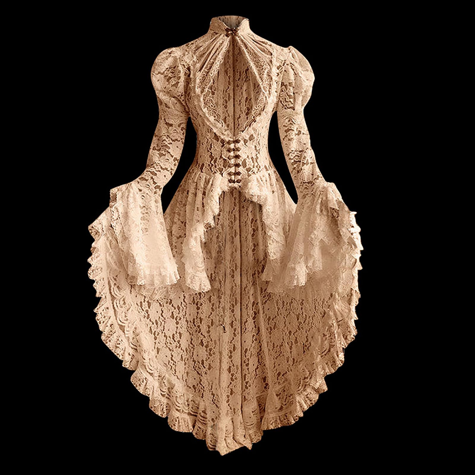 Damen Gothic Mittellange Abendkleider L-4XL Spitze Mesh Lange äRmel Kalte Schulter Halfter Rundhalsausschnitt GroßEr Saum Totenkopf Vintage Hepburn Partykleid Frauen MäDchen Umstandskleider