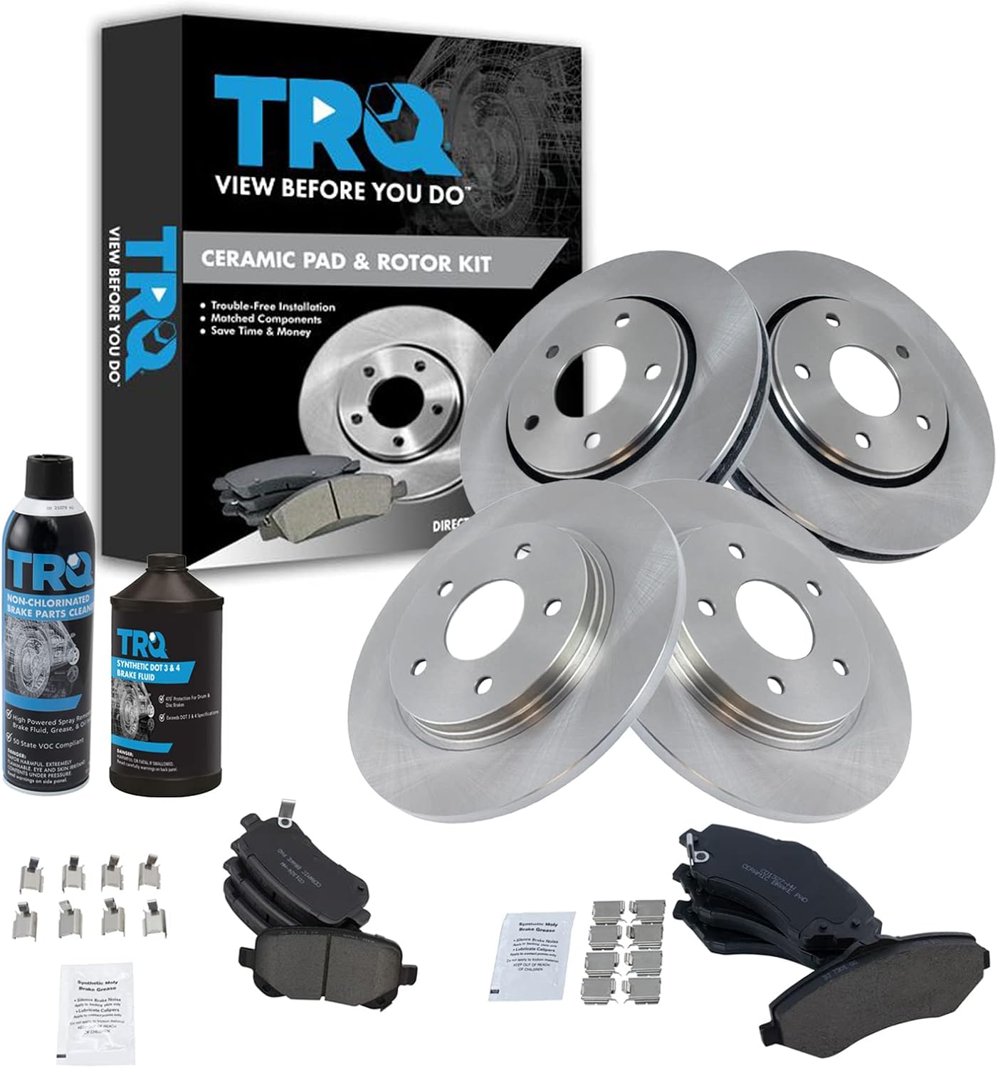 TRQ Front & Rear Brake Pad & Rotor Kit Ceramic Compatible with 2008-2012 Chrysler Town & Country Dodge Grand Caravan 2009-2013 Journey 2012 Ram C/V 2009-2012 Volkswagen Routan