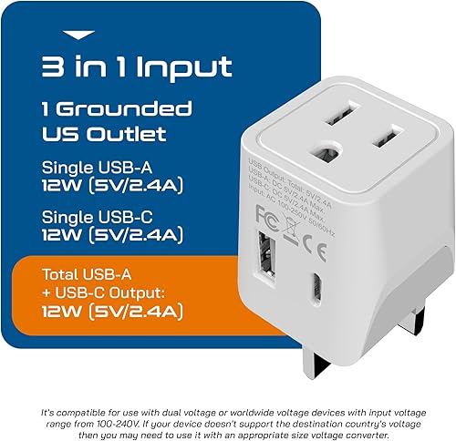 Miniatura 4 de Ceptics Enchufe adaptador de viaje para Reino Unido, con 2 USB + entrada de enchufe de EE. UU., Tipo G, ultra compacto, conexión a tierra segura,