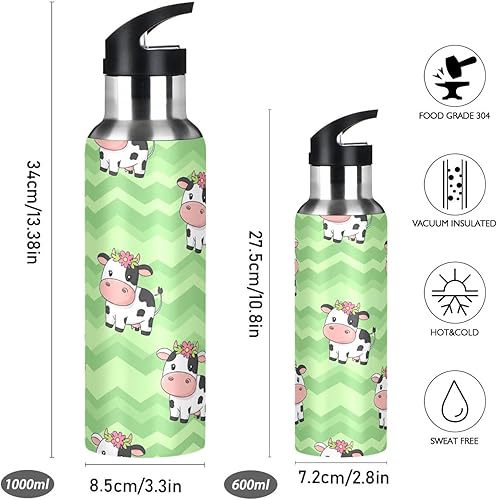 Miniatura 2 de Stainless Steel Vacuum Insulated Water Bottle 20 Oz, Leakproof Water Bottles for Gym Outdoor Travel School, Cute Cartoon Cows Green