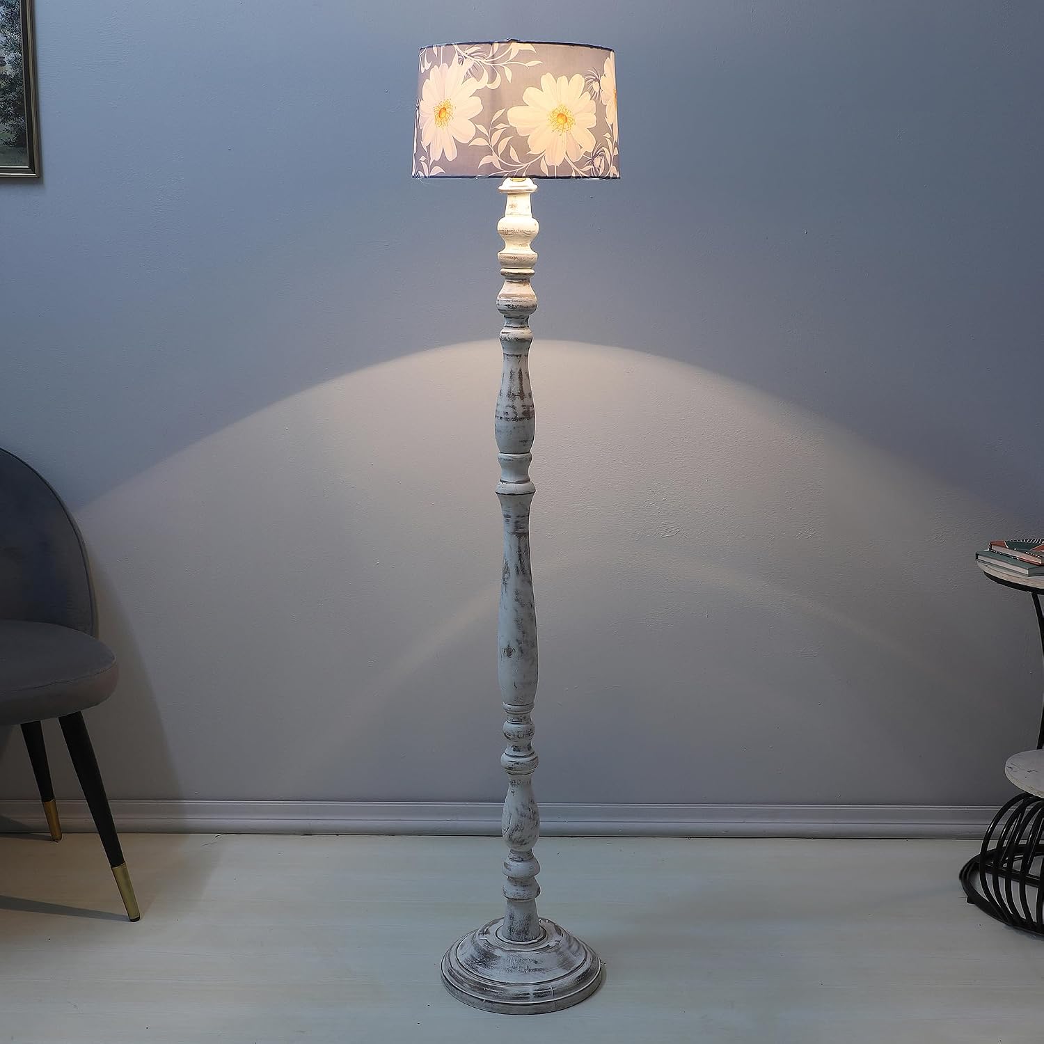tu casa Classic Rustic White Mango Wood Base Floor Lamps with Narcissue Floral Print & Satin Shade for Bedroom, Living Roo... - Review, Price and Buying Guide