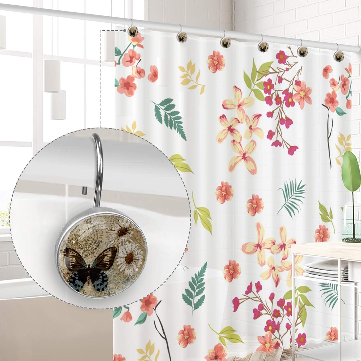 Vintage Butterfly Daisy Flower Shower Curtain Hooks Stainless Steel Shower Curtain Rings Set of 12 Multicolor 3.7x3.7cm