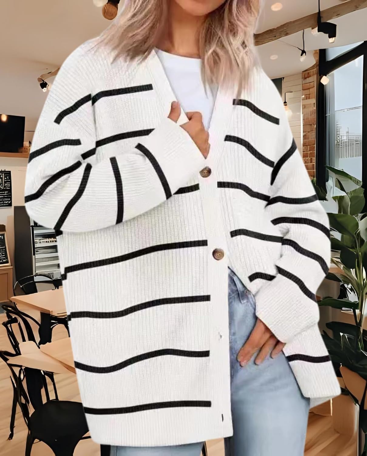 Women's Cardigan Casual Sweater Oversized Long Sleeve V-Neck Button Cardigan Top for Vacation and Daily Life - Image 2