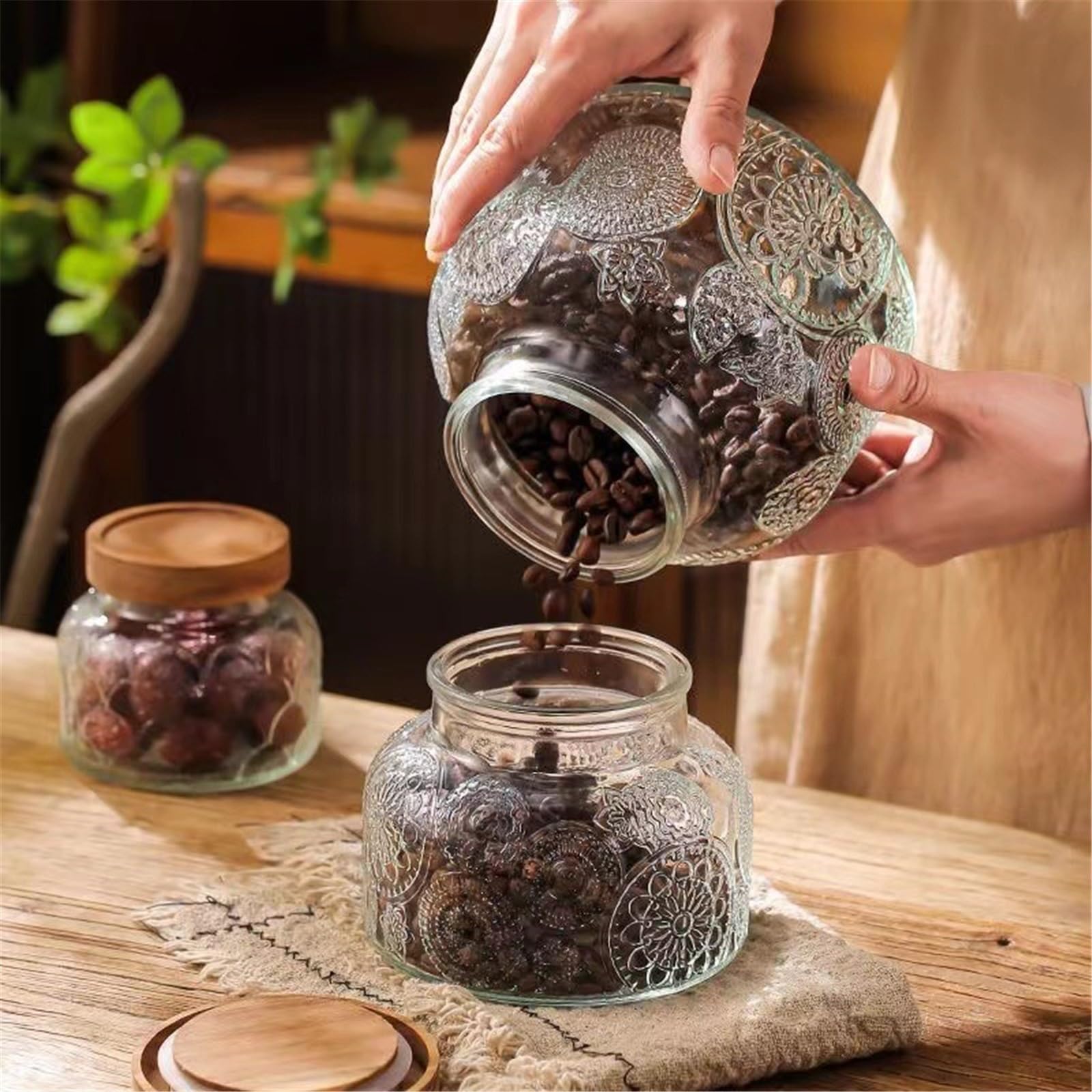 Barattoli Vetro con Coperchio Barattoli in vetro for alimenti, 2 pezzi, con coperchi in legno di acacia, contenitori in vetro trasparente sigillati ermeticamente, for chicchi di caffè, noci, foglie sf