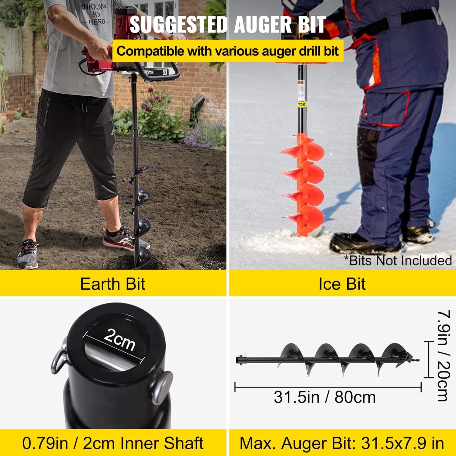 VEVOR Electric Post Hole Digger, 1500 W 1.6 HP Electric Auger Powerhead w/6" Bit, 39" Drilling Depth, Compatible with Earth Auger bit or Ice Bit, for Post Hole Digging, Drilling, Tree Planting : Patio, Lawn & Garden