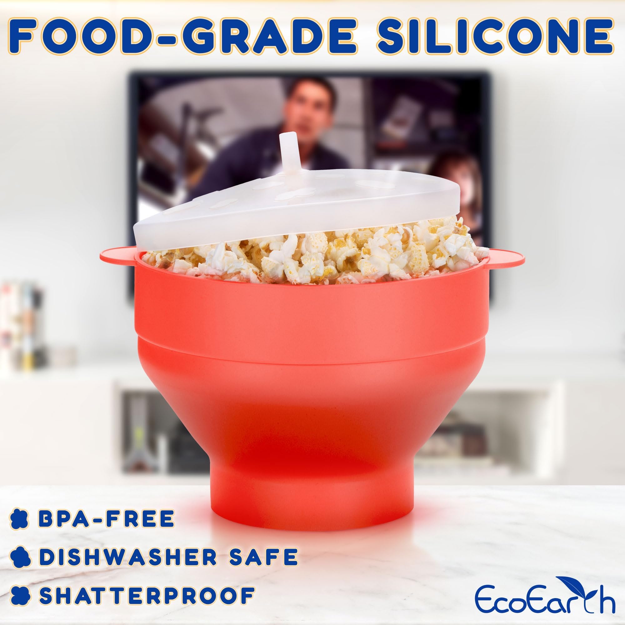 EcoEarth Microwave Popcorn Maker, Collapsible Food-Grade Silicone Popcorn Popper Bowl w/ Lid, Hot Air Popper, Red Pepper