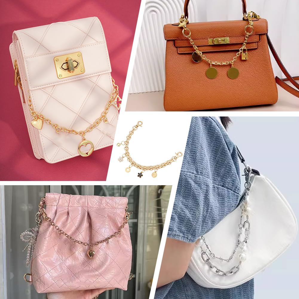 PH PandaHall 2pcs Golden Bag Charms, 10.2 inch Metal Purse Chain with Enamel Flower/Heart Pendants Purse Charms Bag Strap Handle Chain for Handbag Wallet Crossbody Shoulder Bags Underarm Bags - Image 3