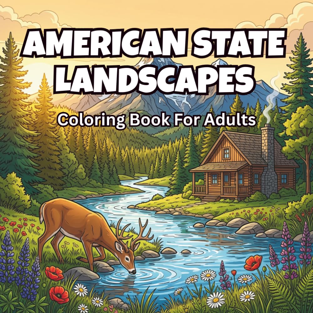 American State Landscapes Coloring Book For Adults: 50 Relaxing Nature Scenes with Wildlife, Mountains, Forests, Animals, Rivers and Lakes for Stress Relief