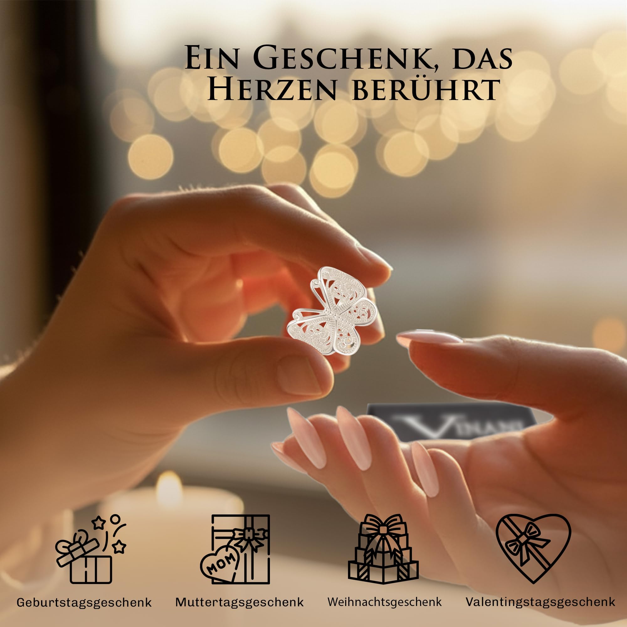 Vinani Ring aus 925 Sterling Silber - Schmetterling Paisley Ring glänzend für Frauen, nickelfrei & antiallergisch, Designed in Deutschland, RSL