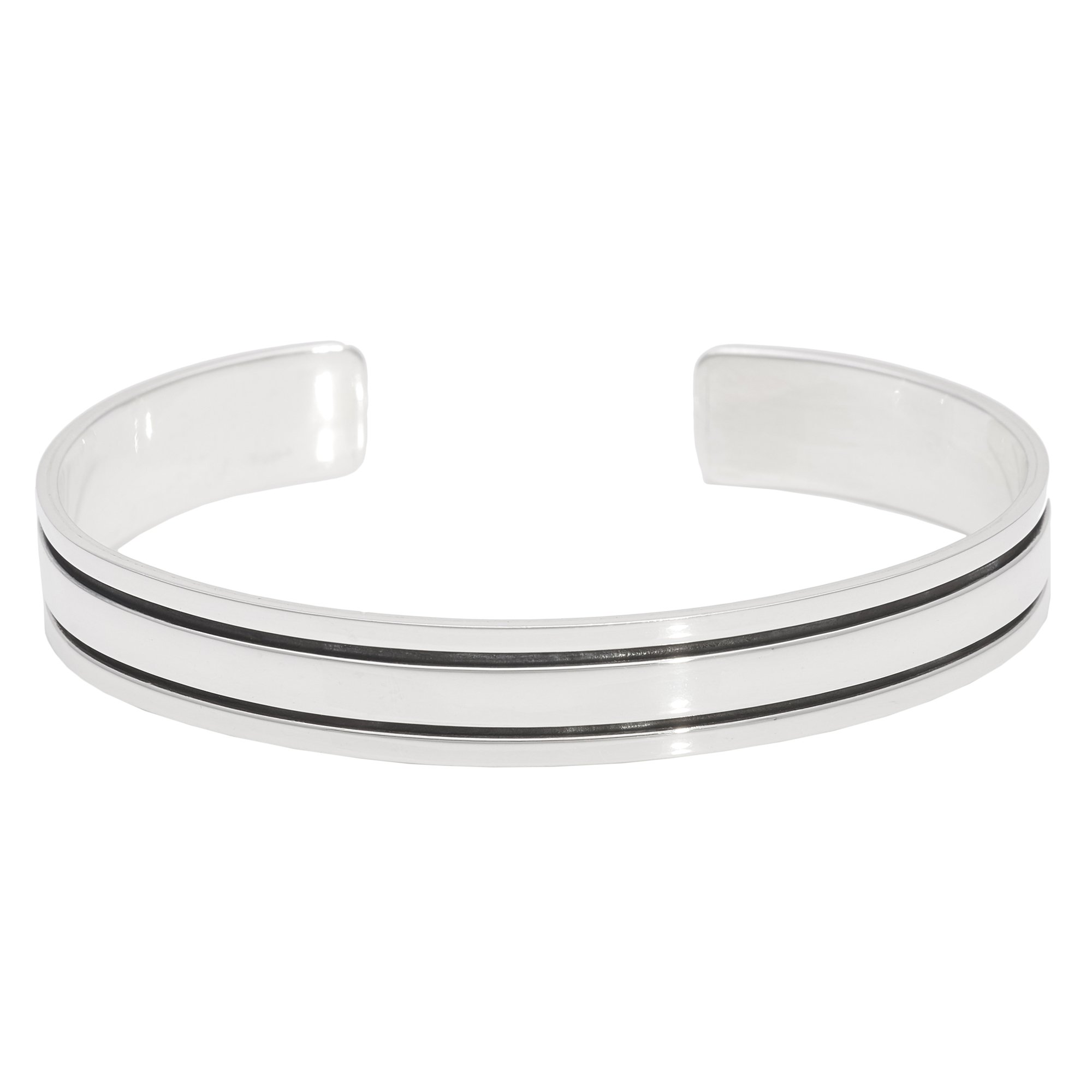 Silverly Bracciale Rigido Largo a Doppia Linea in Argento Sterling 925 per Uomo e Donna | Braccialetto Piatto Regolabile con Finitura Lucida e Scanalature Nere | Bracciale Moderno ed Elegante per Lui