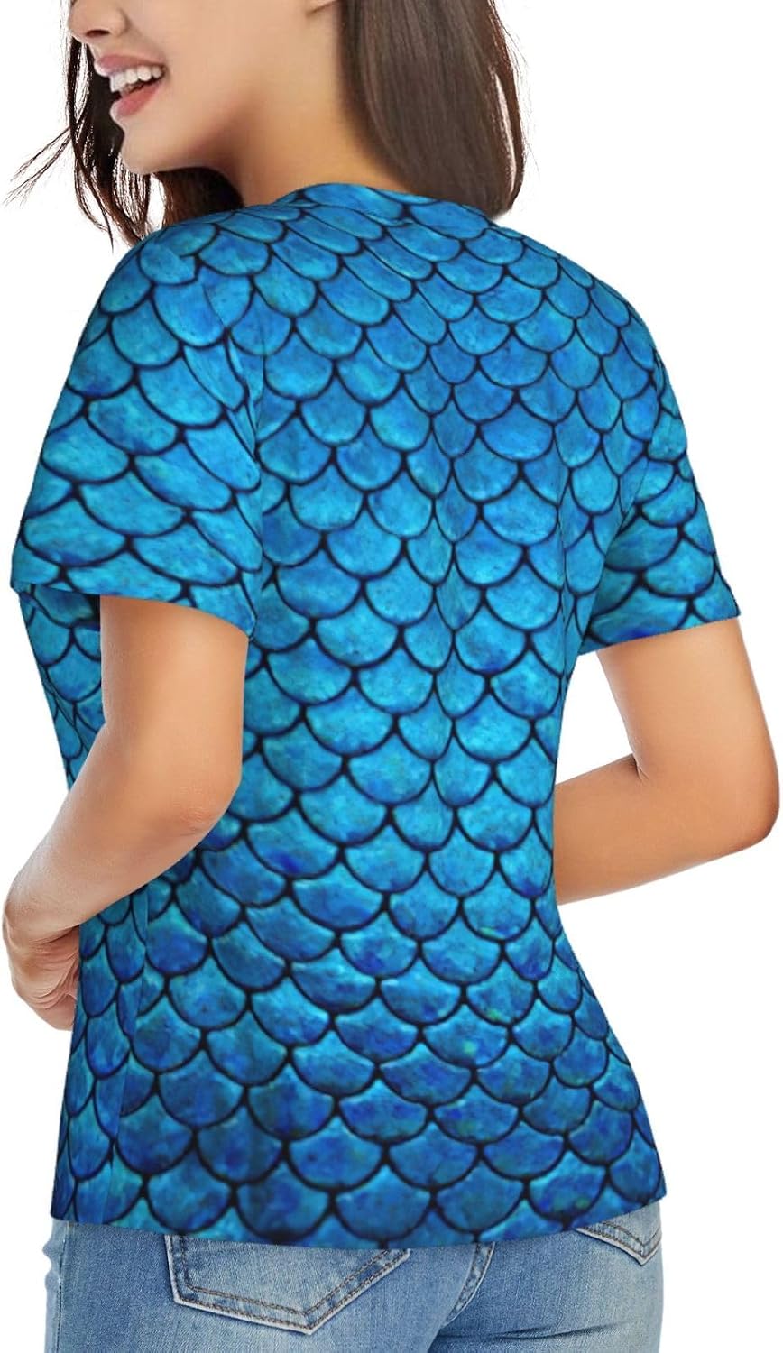 Women Casual Blue Fish Scale Print V-Neck T-Shirt Short Sleeve Summer Trendy Tops.
