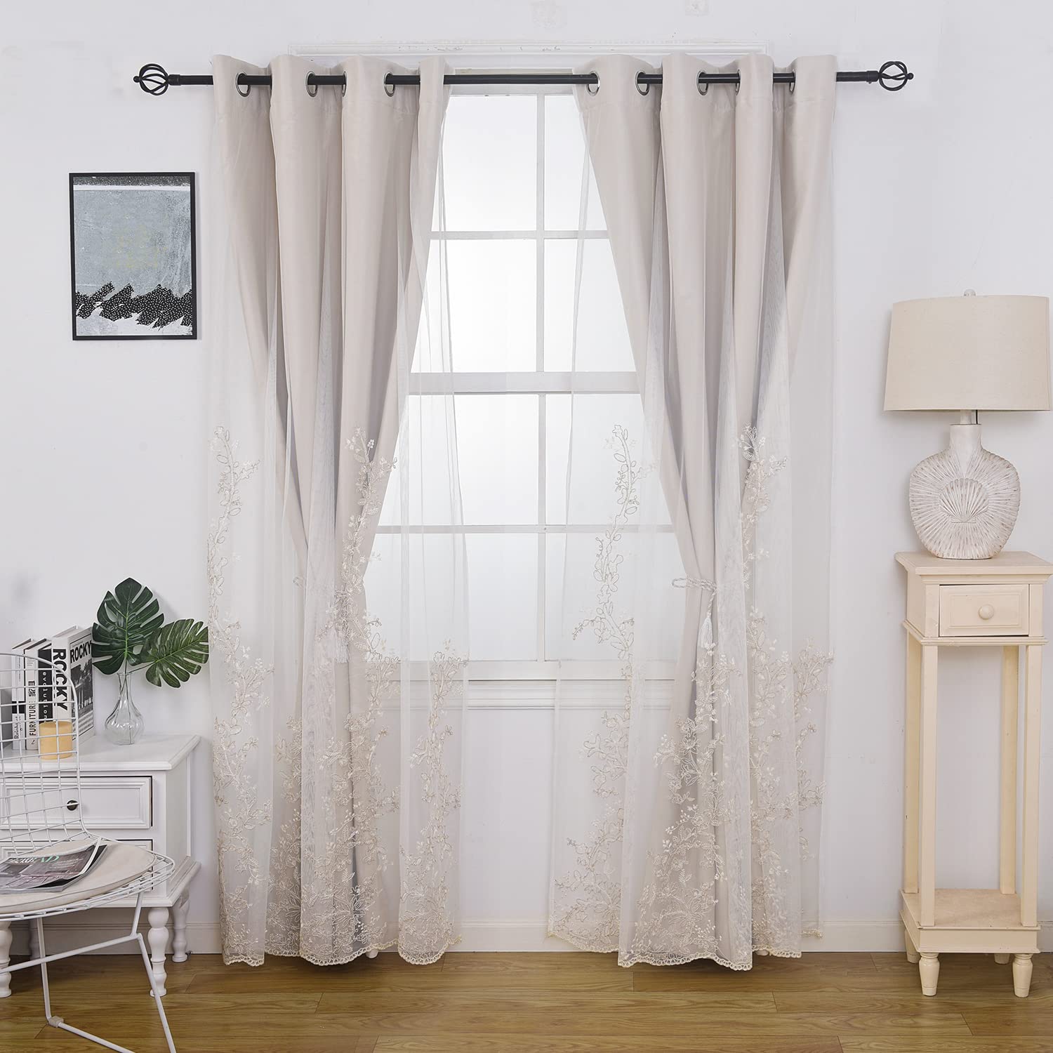 Tende a doppio strato con tulle trasparente ricamato 132 x 243 cm beige GYROHOME