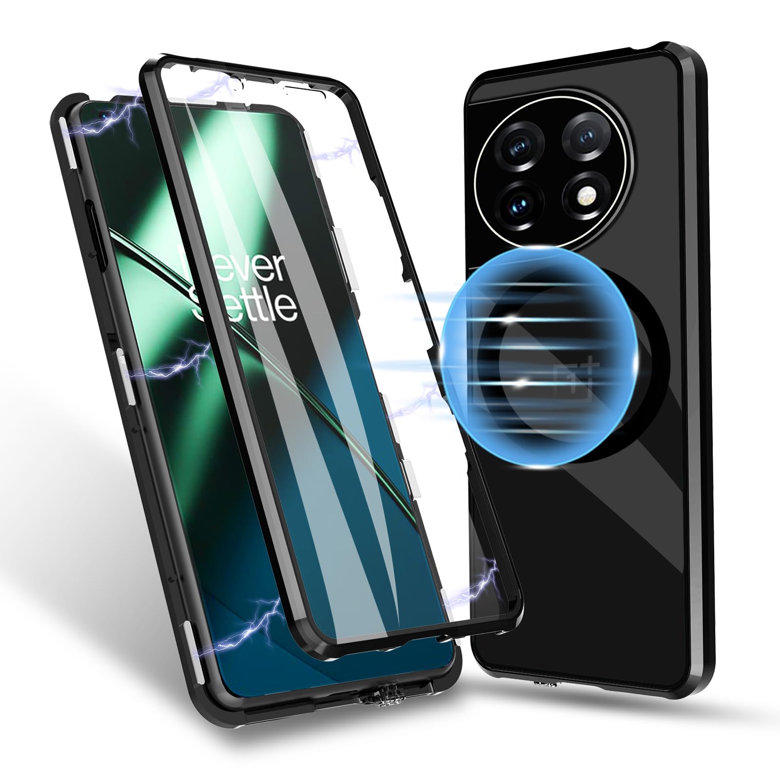 Magnetic Case for OnePlus 11 5G - Compatible with Mag-Safe, Metal Bumper Attraction, 360 Degree Front Clear Tempered Glass + Back Hard PC Matte Case with Lens Protection - Magnetic Black