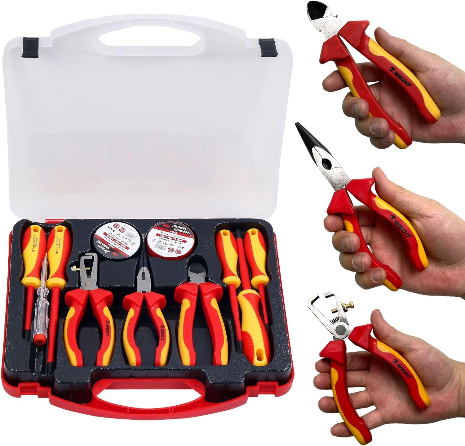 WEDO VDE - Juego de herramientas aisladas de 1000 V, 11 unidades, para electricistas con alicates, destornillador, comprobador de tensión, cinta adhesiva, IEC 60900