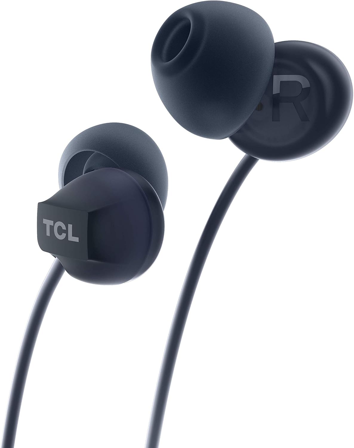 Close-up of a TCL SOCL300 earbud with the TCL logo