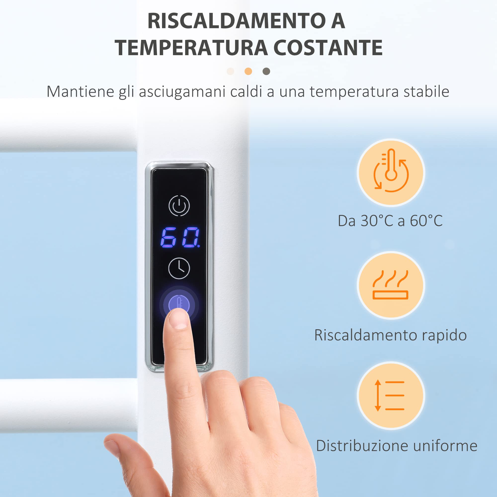 HOMCOM Scaldasalviette Elettrico a 8 Barre, Portasciugamani Riscaldato con Timer e Controllo Temperatura, in Acciaio al Carbonio, 50x45x90 cm, Bianco