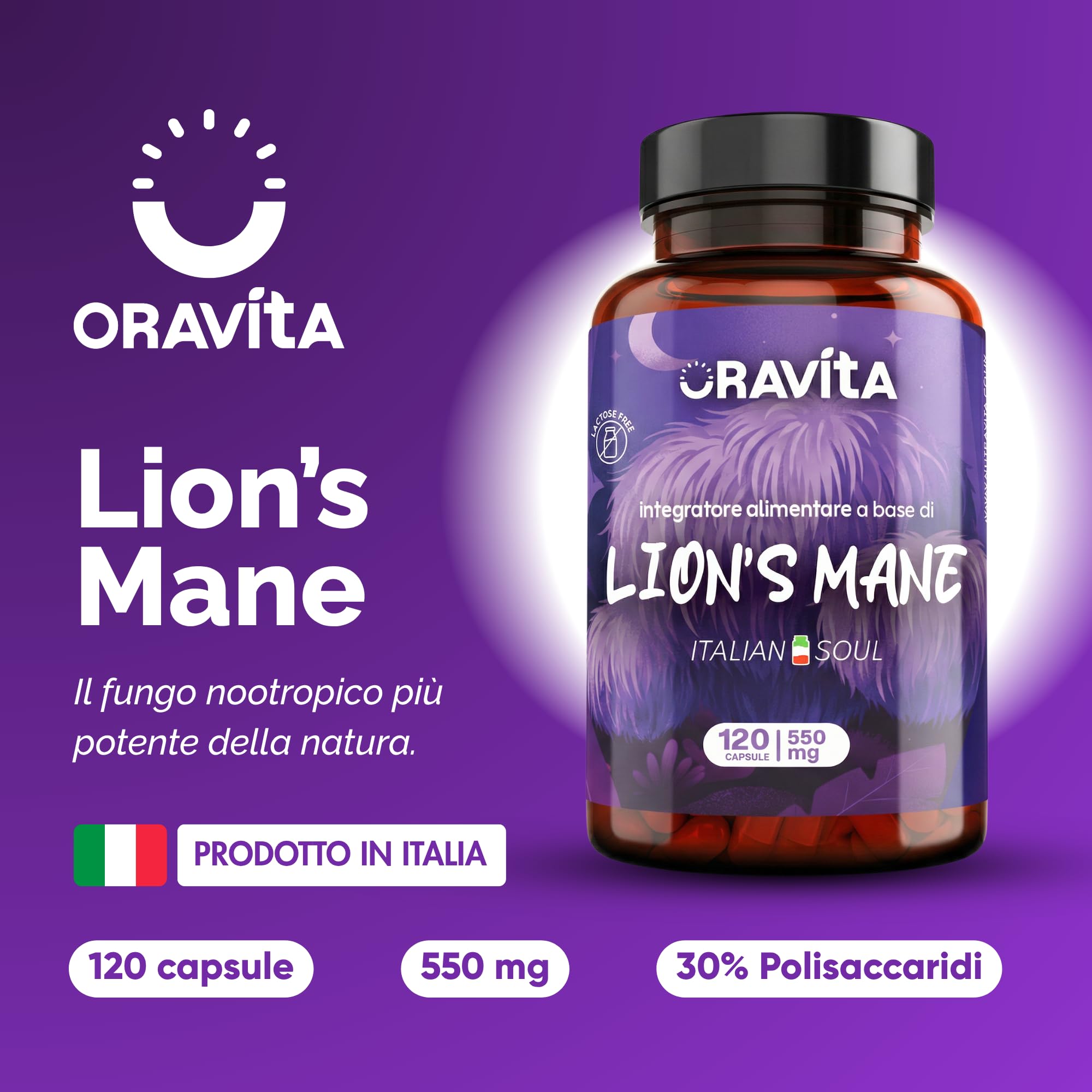 Lions Mane PURO da Frutto – Estratto Hericium Erinaceus 30% Polisaccaridi – 120 Capsule Veg – Integratore Memoria, Concentrazione, Focus e Difese Immunitarie – Fungo Criniera Leone 1110mg | Oravita
