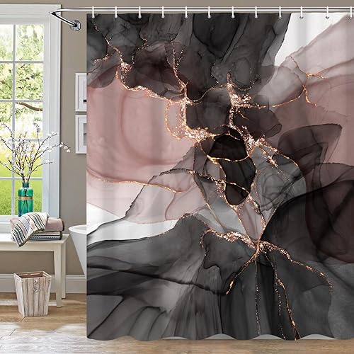 Cortina de ducha de mármol rosa dorado de 72 pulgadas de ancho x 72 pulgadas de alto, modernos juegos de cortinas de ducha abstractas negras y