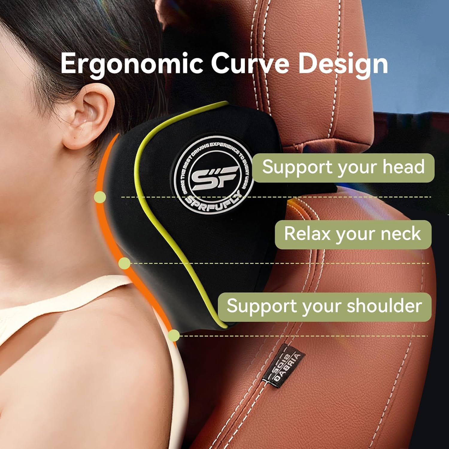 SPRFUFLY Really Chic Car Headrest Pillow, Car Pillow for Driving with Adjustable Strap, 100% Memory Foam Neck Pillow, Ergonomic Design - 2 Pack Car Neck Pillow(Includes 2 Eye Masks, Yellow Side Rope) - Image 4