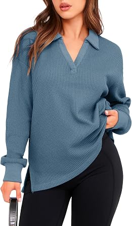 Womens Waffle Knit Sweatshirt Casual V Neck Long Sleeve Pullover Tops