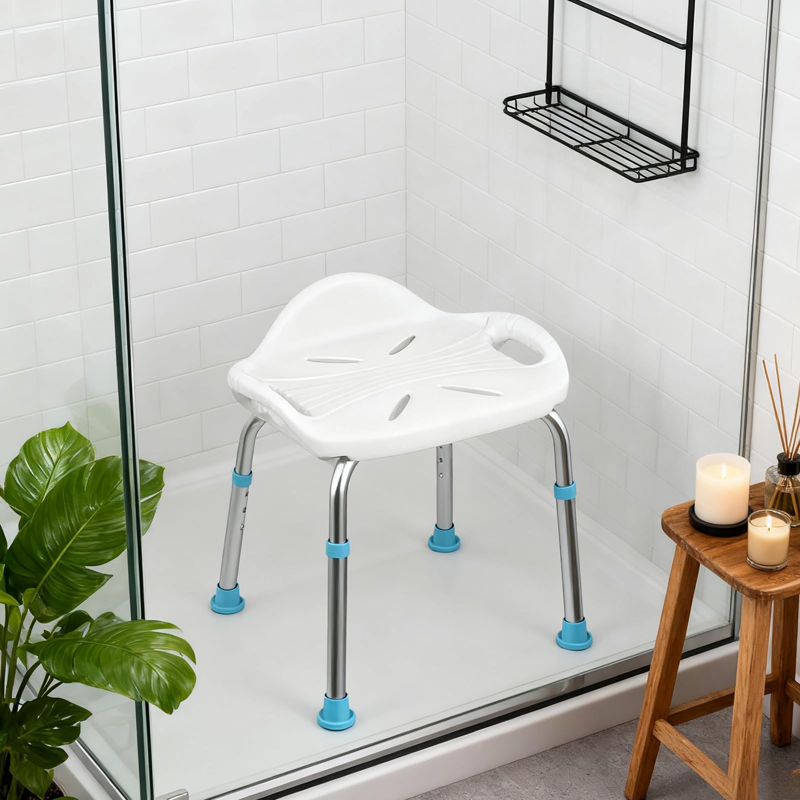 Sgabello Doccia per Anziani, Sedia da Doccia Extra Largo da 48 cm, Sgabello da Bagno in Alluminio con Altezza Regolabile 41-51 cm, Piedini Antiscivolo, Piccolo Schienale, Portata 200 kg