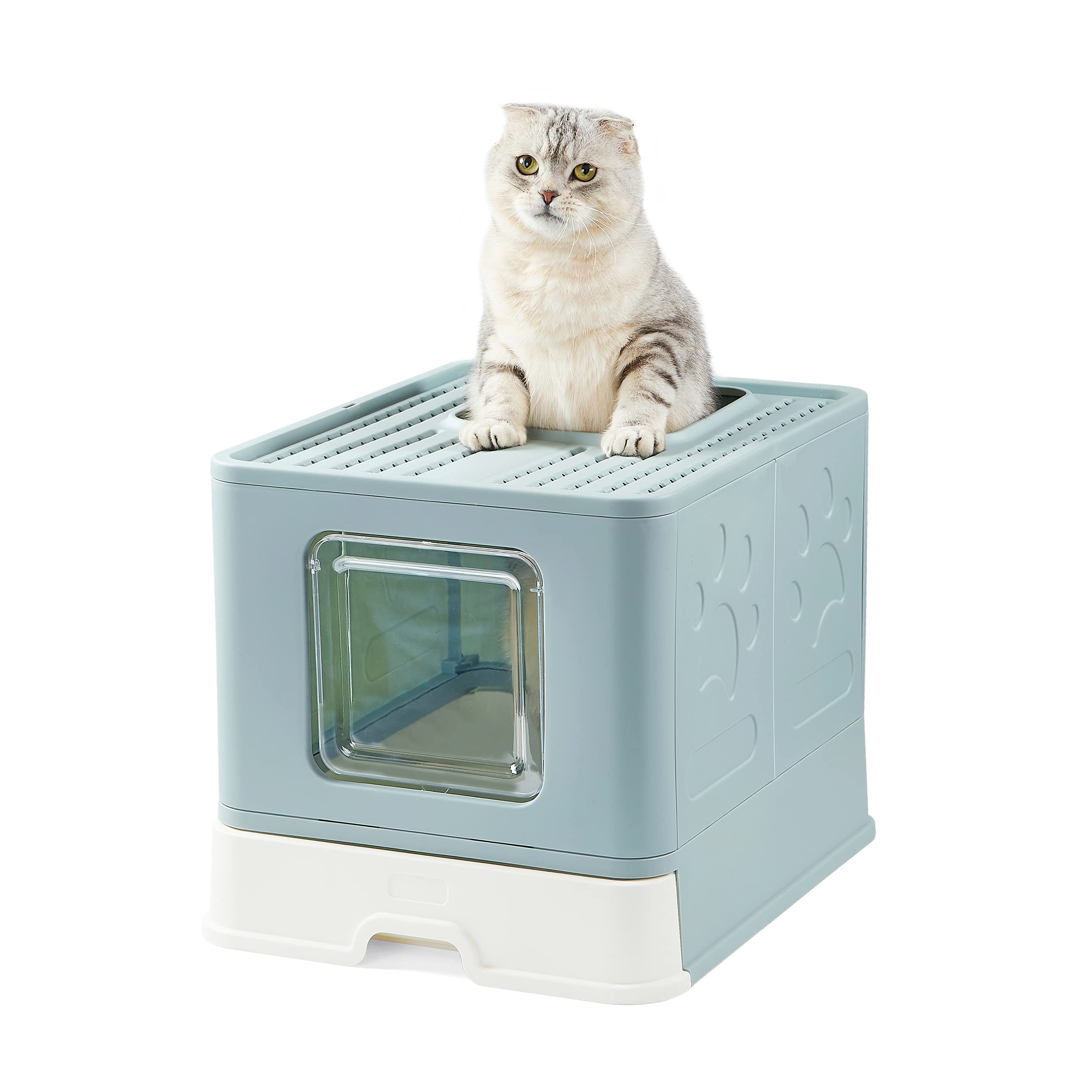 Suhaco Cat Litter Box with Lid, Top Entry Large Foldable Litter Box with Scoop Enclosed Kitty Litter Box with Drawer Type Easy Clean Anti-Splashing Cat Litter Tray (Special Green)