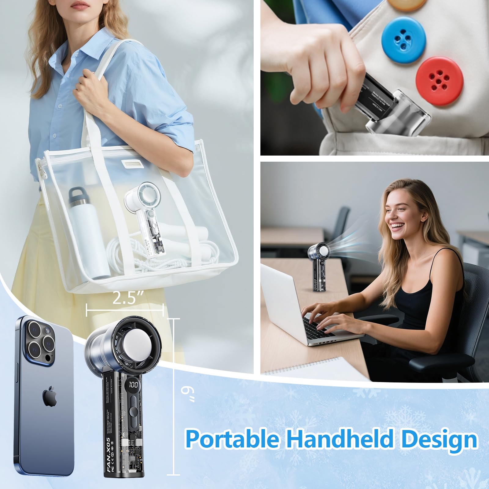 Ventilador turbo portátil de mano de 8000 mAh, velocidad (1-100) mini ventiladores ajustables ventilador personal recargable con compresa de hielo para viajes, vacaciones, camping 6