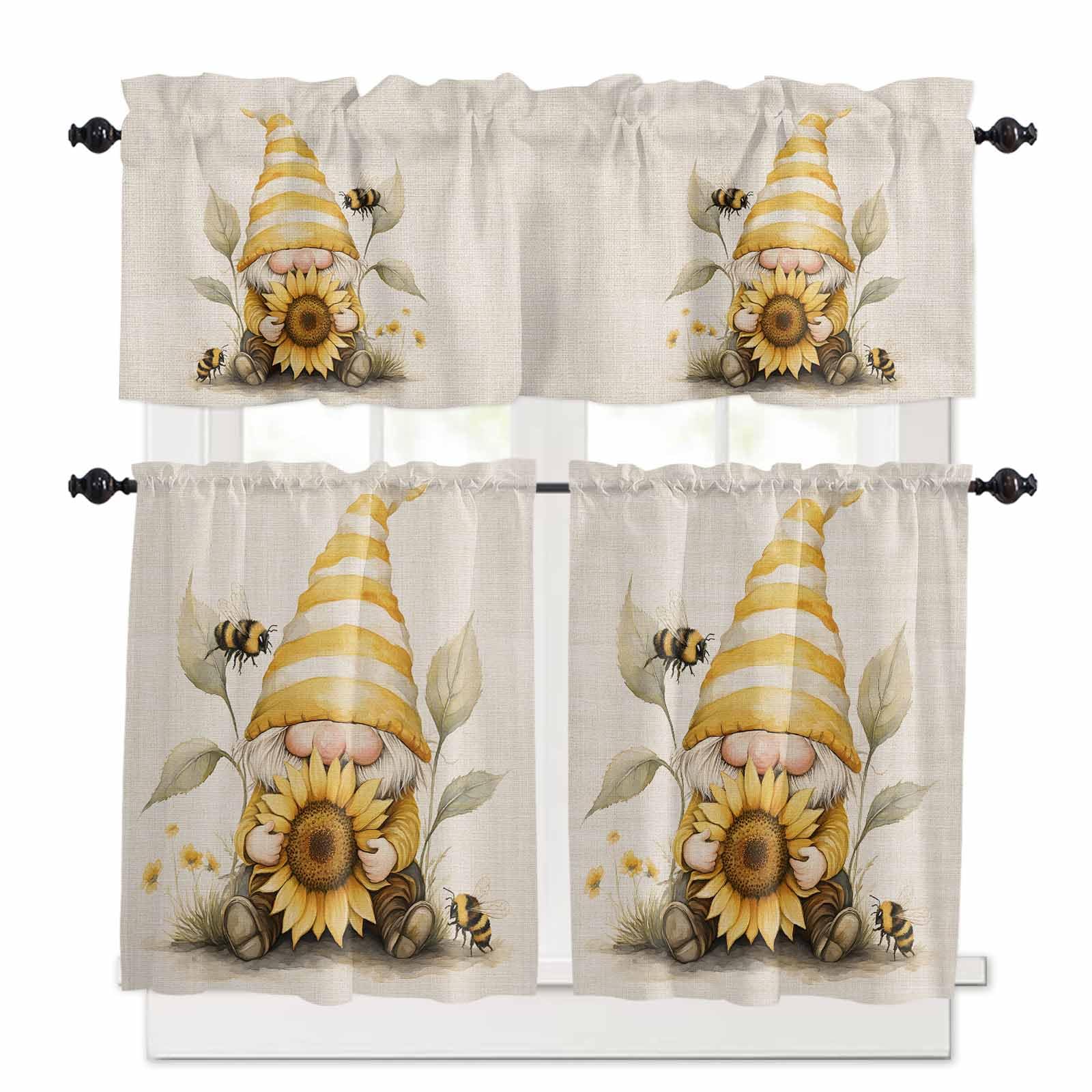 Sunflower Kitchen Curtains 36 Inch Length, 3 Piece Rod Pocket Small Half Tiers and Valance Set, Dwarf Yellow Hat Beige Watercolor Artwork Small Large Window Treatment Decor for Bedroom/Bathroom Sink
