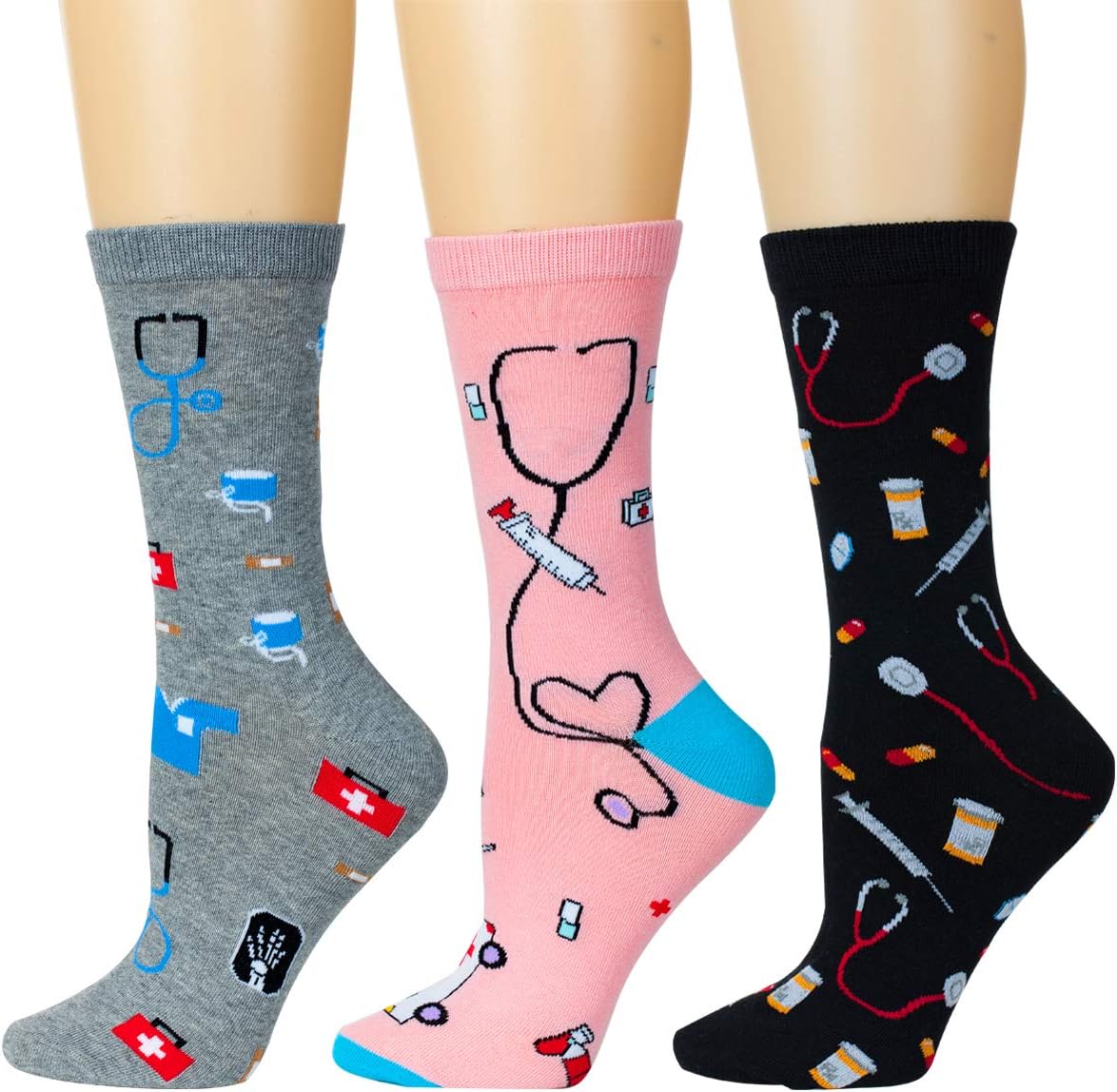LEVSOX Nurse Socks, Women's Novelty Socks, Meds Crew Socks, Gift for a Nurses, (3 Pairs, 6-11)