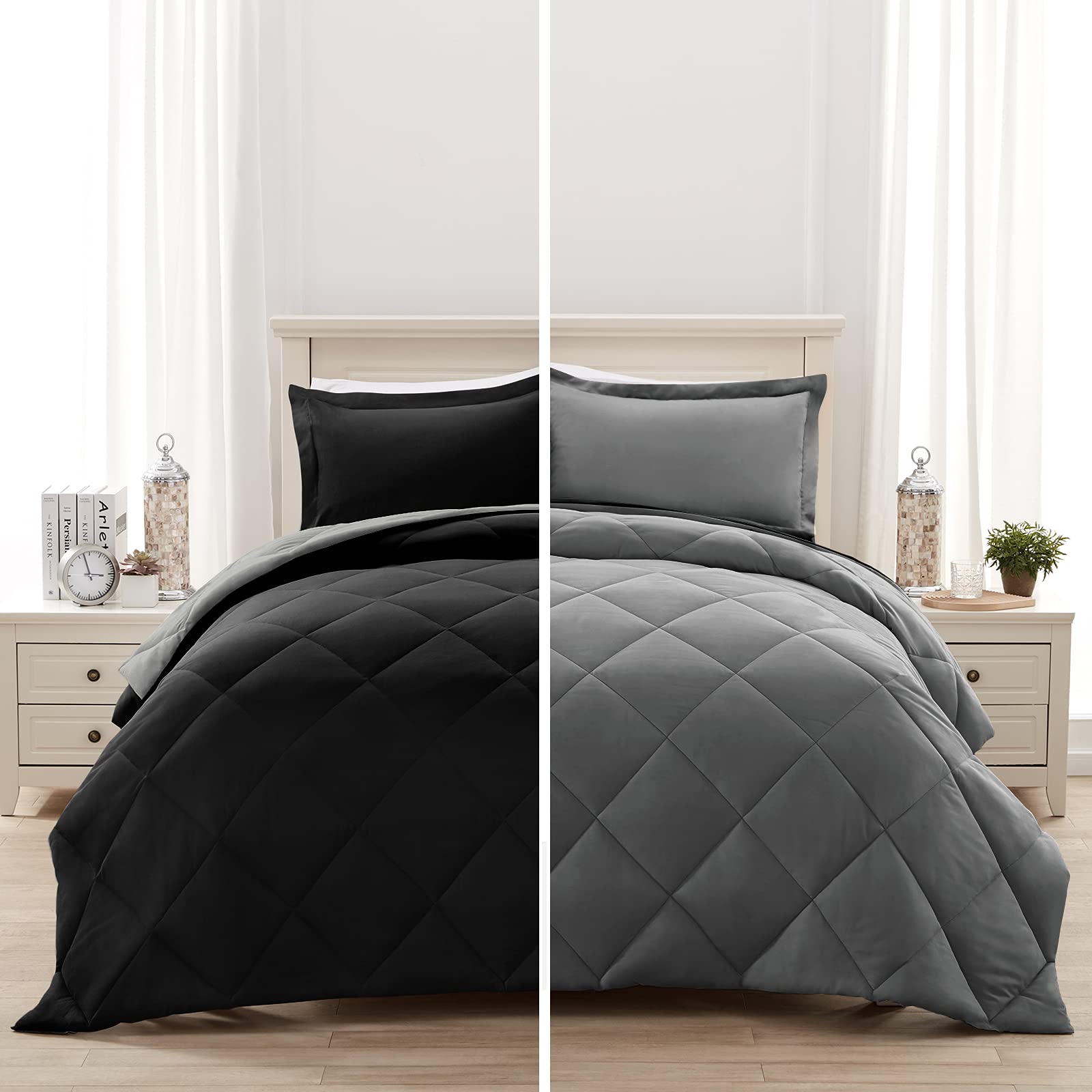 BYSURE 3 Pieces Reversible Comforter Set - King, Black & Dark Gray - Lightweight Down Alternative Quilted Comforter (103x92) with 2 Pillow Shams for All Season