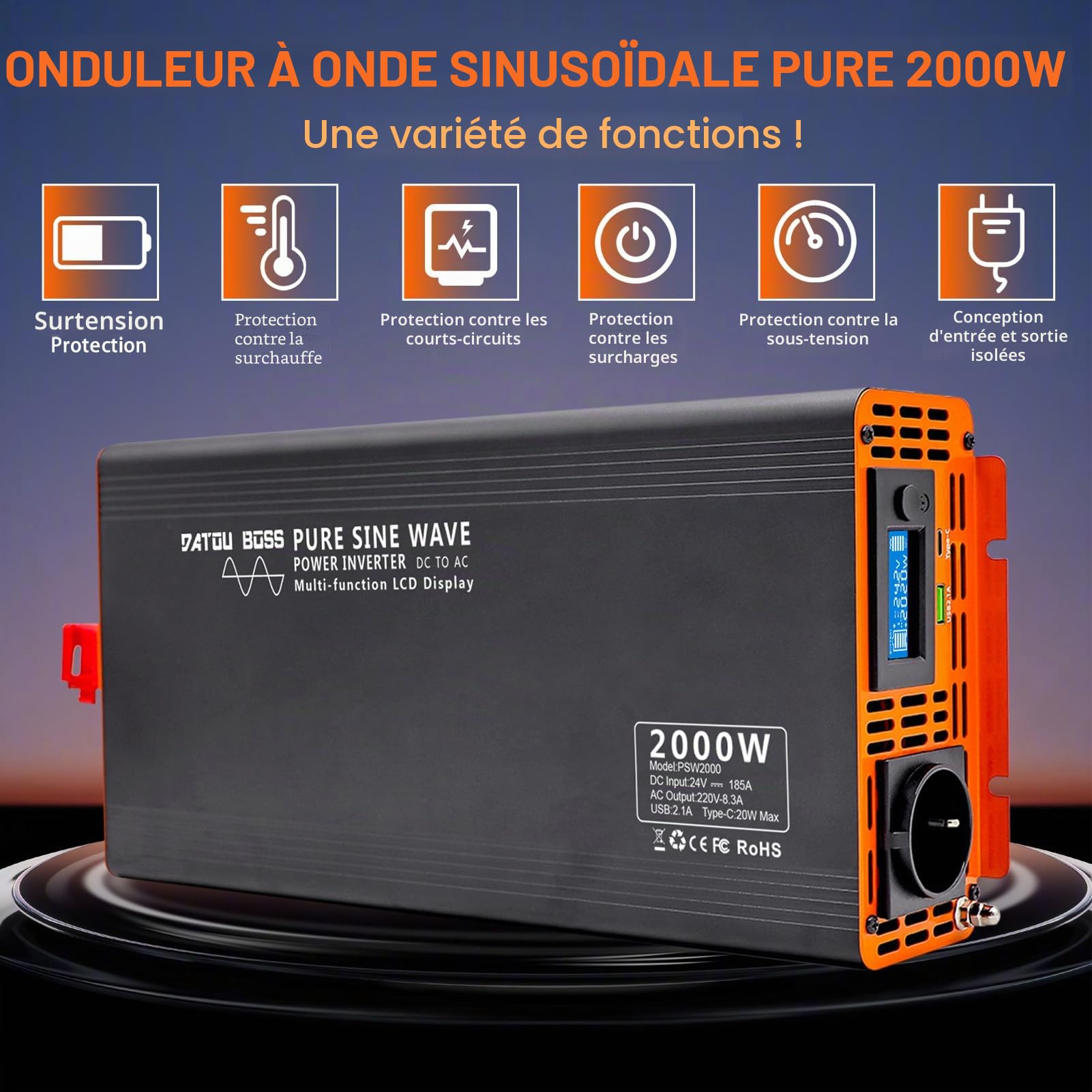 DATOUBOSS Convertisseur 24v 220v/230v Pur Sinus 2000W/4000W, Convertisseur 24v 220v Camion avec 1 Prise EU de Courant Alternatif et 1 Port USB avec 1 Type-c Port et Écran LCD de Pointe
