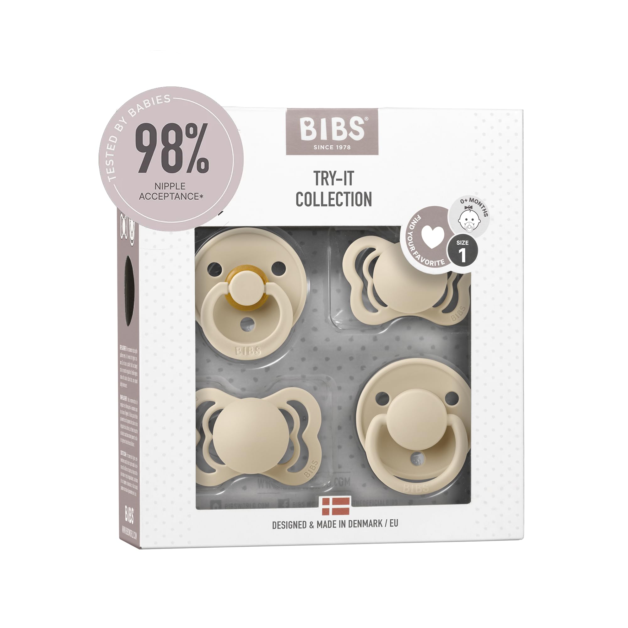 BIBS Lot de 4 tétines. Pack de démarrage Try it. Sans bisphénol A, Tétine à embout rond, symétrique et anatomique. Latex/​Silicon, Fabriqué au Danemark. 0+ mois (Lot de 4), Vanilla