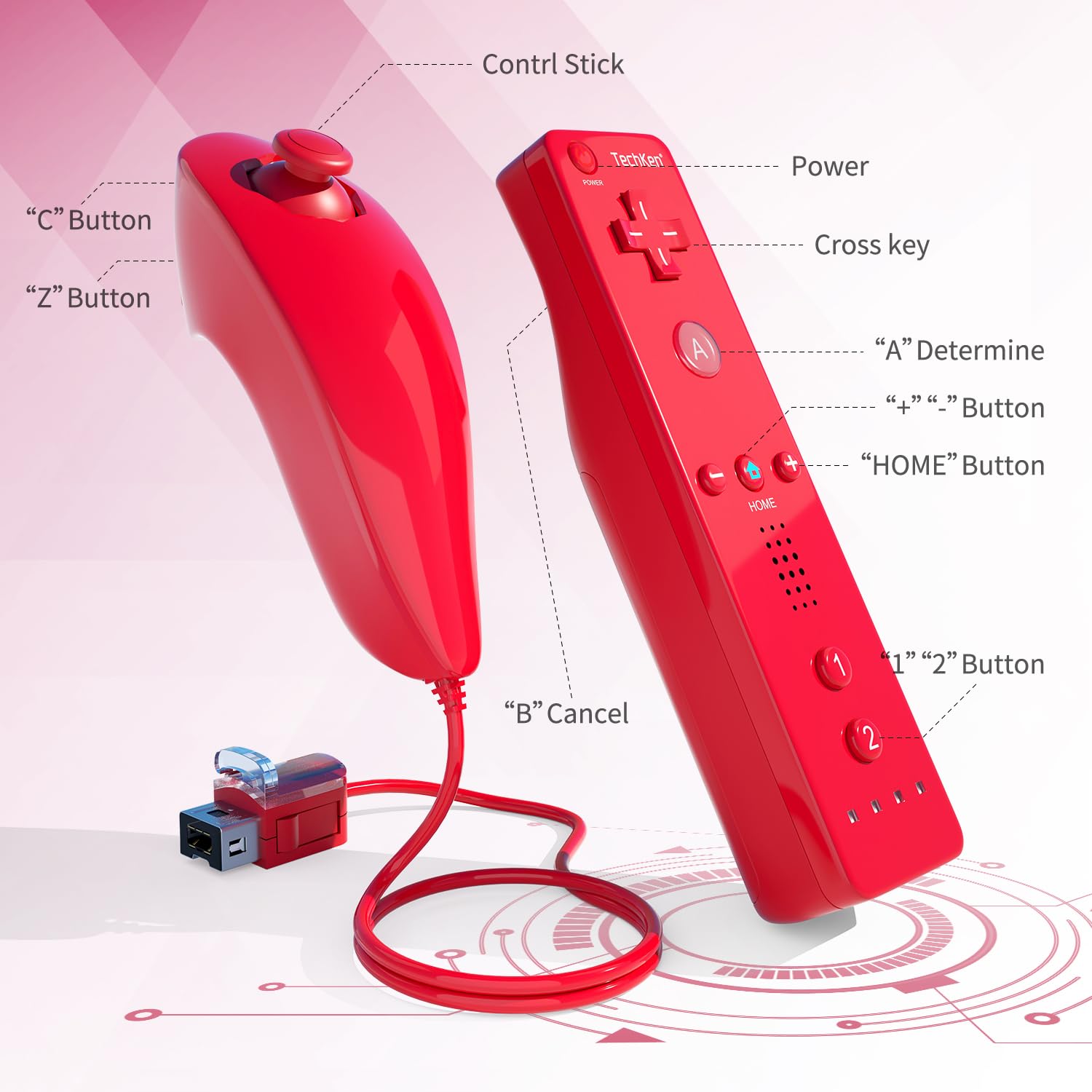 Telecomando per Wii, TechKen Remote Controller e Nunchuck (rosso)