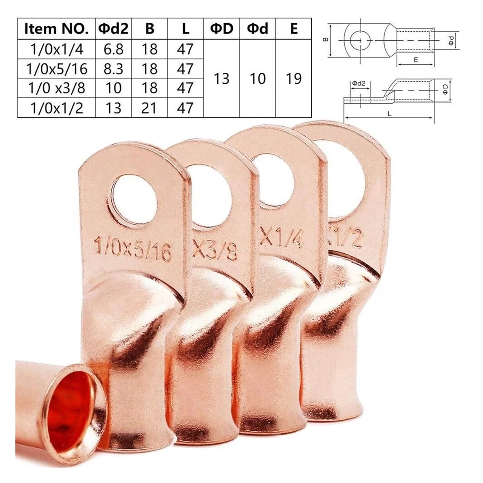 10/25 pièces 1/0 AWG jauge câble en cuivre nu cosses anneau sertissage connecteurs de bornes 1/4 "5/16" 3/8 "1/2"(M8,25pcs)
