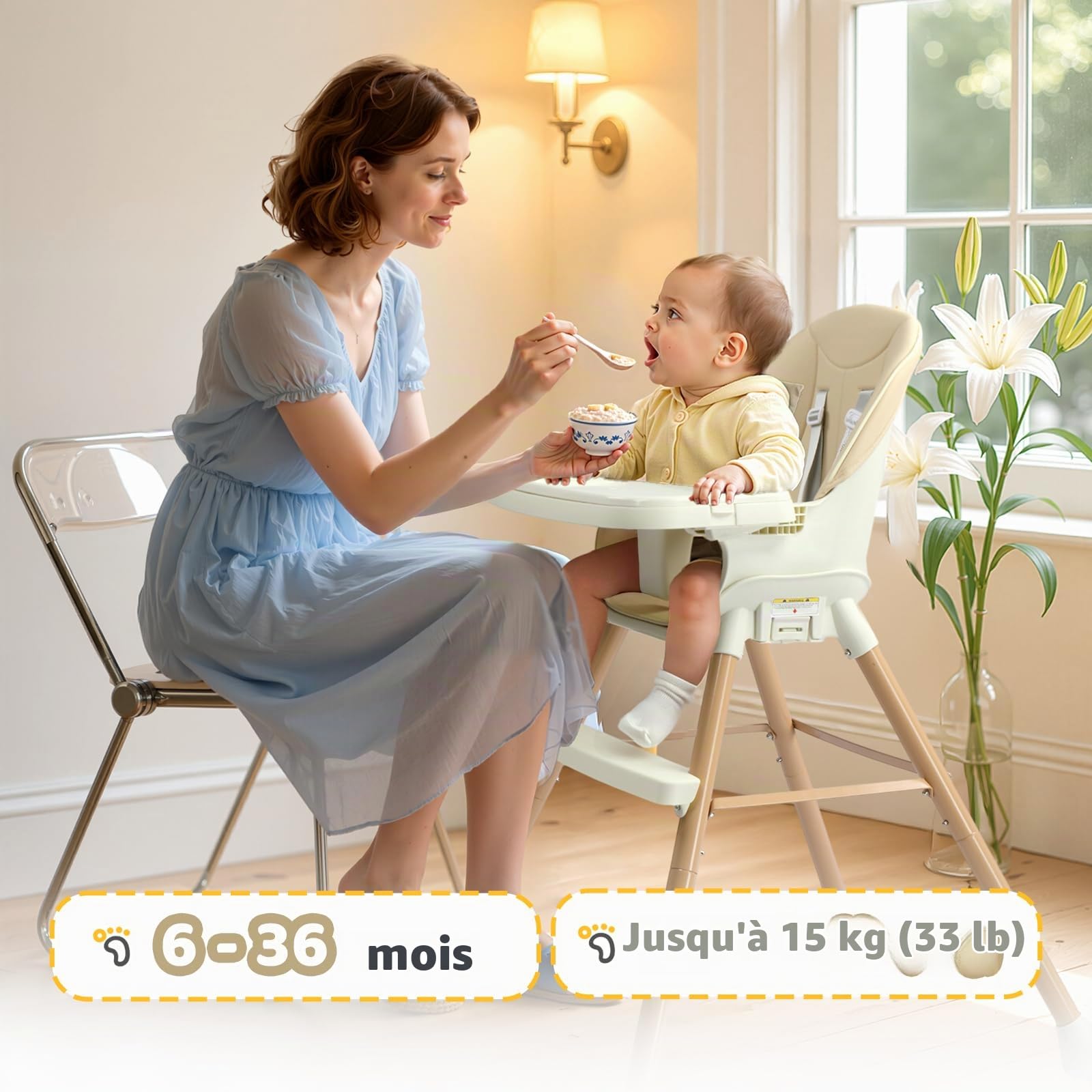 BONNLO Chaise Haute Bébé Évolutive, Pieds en Bois Fixes & Structure Renforcée, Pliable pour Chaise Adulte, 4 KG Ultra-Léger, Réglable en Hauteur, Ceinture 5 Points, Nettoyage Simplifié (Neige)
