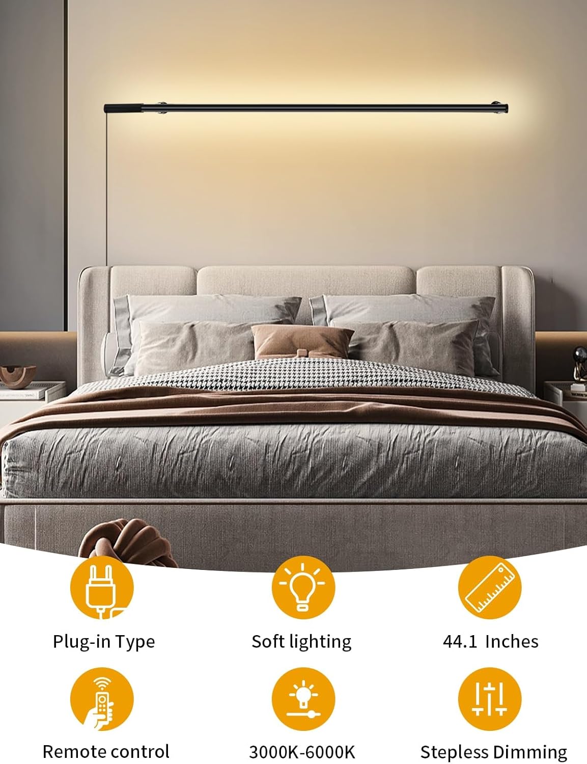 Upgrade Plug in Wall Sconces, 44.1Inch Extra-Long Plug in wall light, Wall Sconce with Remote, Minimalist Slim LED Wall Lights for Living Room, 12W Corner Wall Lamps for Living Room Bedroom(1 Pack)