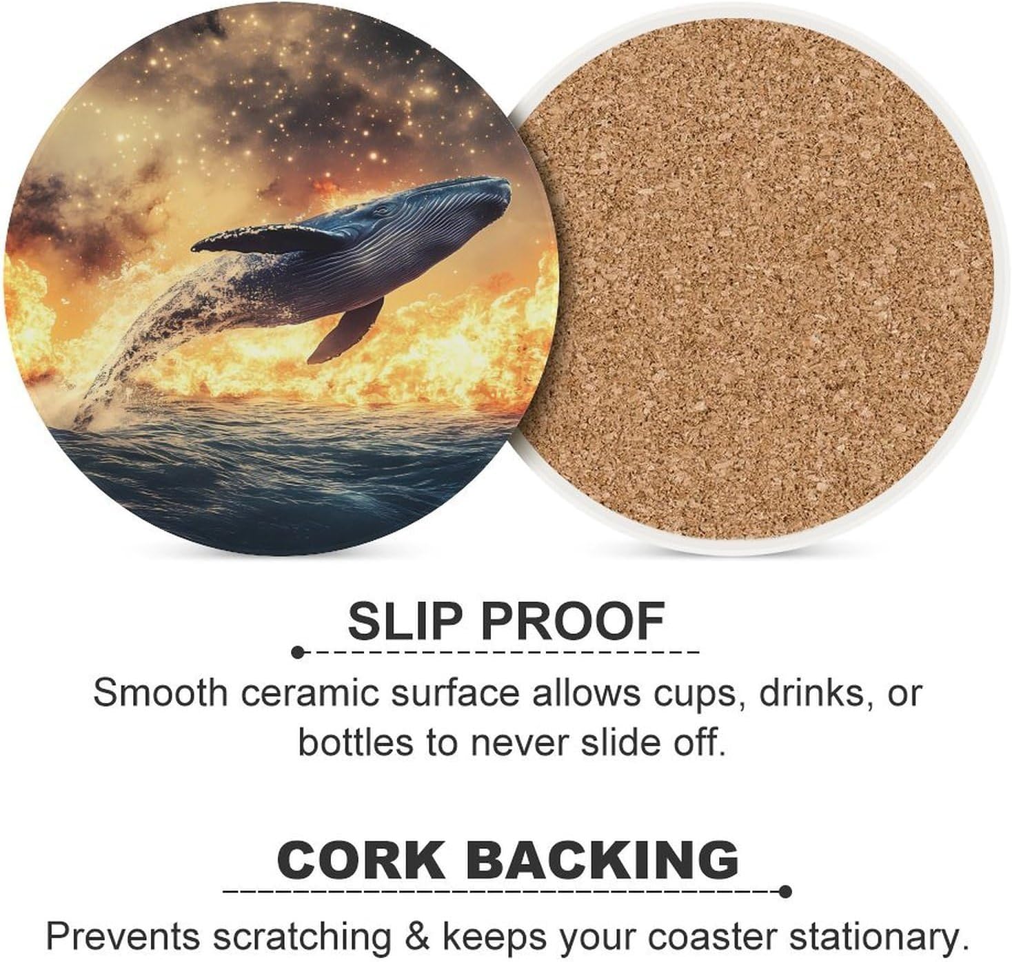 Whale War Fire Water Round Ceramic Coasters Print Drinks Absorbent with Cork Base for Home Decor Gifts 4 Inch