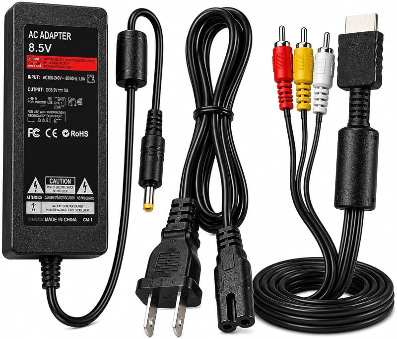 PS2 Slim Fuente de alimentación Adaptador de CA y cable AV Kit compatible con Sony PlayStation 2 PS2 Slim SCPH-70000 SCPH-90000, cable de carga de repuesto, cable de alimentación, cable AV de audio y vídeo para consola de juegos