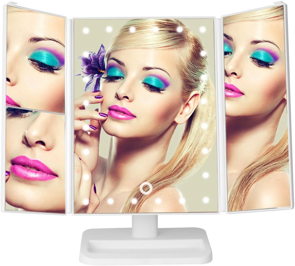 Led Lighted Vanity Mirror Make Up Tri-Fold with 24Pcs Lights 180 Degree Free Rotation Table Countertop Cosmetic Bathroom Mirror Touch Screen 1x/2x/3x Magnification and Usb Charging (White)