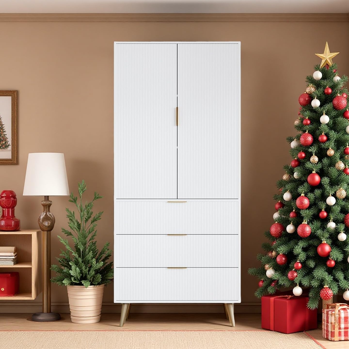 FONTOI Pantry Cabinet, Modern Kitchen Pantry Storage Cabinet with 3 Drawers 2 Doors, Wood Cupboard with Adjustable Shelves & Fluted Panel Design, Tall Storage Cabinet for Living Room, Kitchen, White