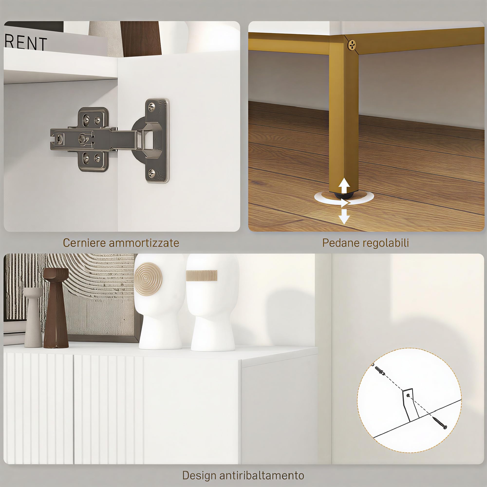 HOMCOM Credenza Moderna con 4 Ante e Mensole Regolabili Mobile da Soggiorno e Salotto con Chiusura Soft Close Bianco e Oro