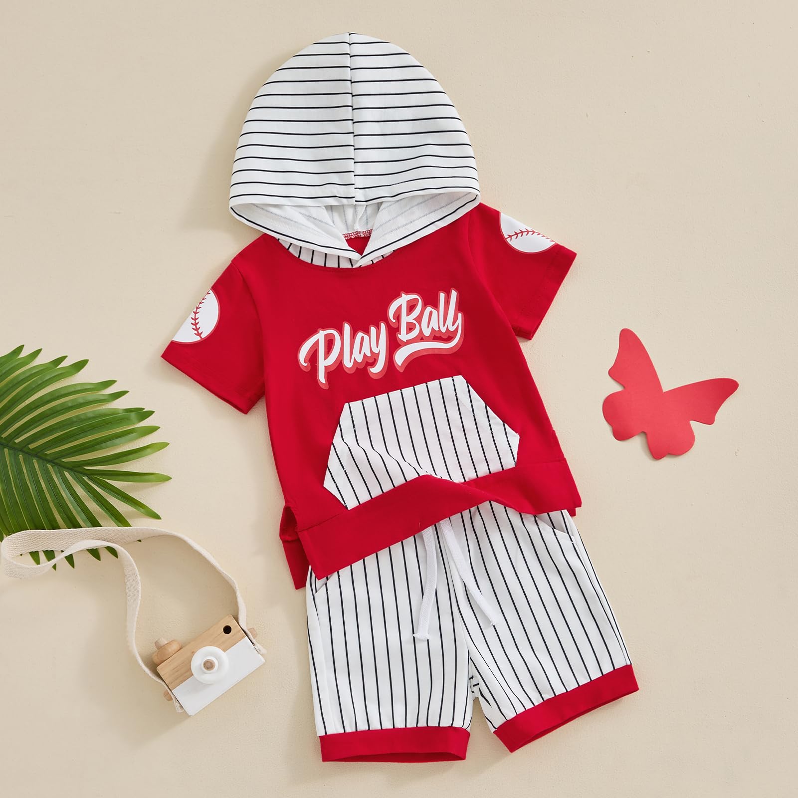 LAGKIYOJ Toddler Boy Summer Clothes Play Ball Print Hoodie Short Sleeve T Shirt Striped Shorts Set Baby Boy Baseball Outfit (Red - play ball, 2-3 Years)