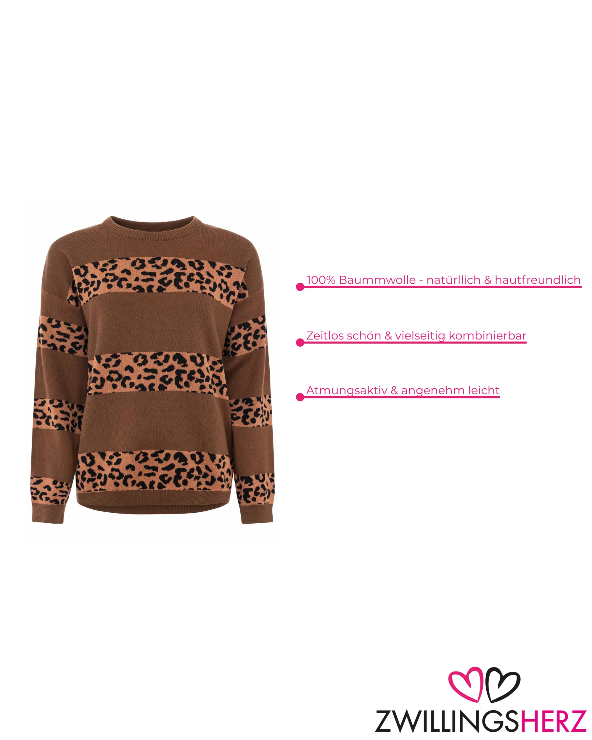 Zwillingsherz Damen Pullover – Sweater mit Animal Print Streifen – 100% Baumwolle – Weicher Strickpullover – Stylisch für Alltag, Herbst & Winter