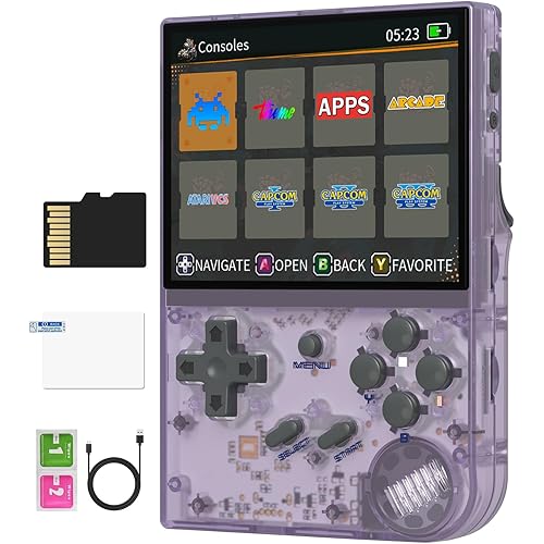 RG35XX Handheld Game Console Linux Garlic OS, HDMI and TV Output 3.5 Inch IPS Screen 64G TF Card 6800+ Classic Games 2600mAh Battery ( (RG35XX-Transparent Purple Latest)