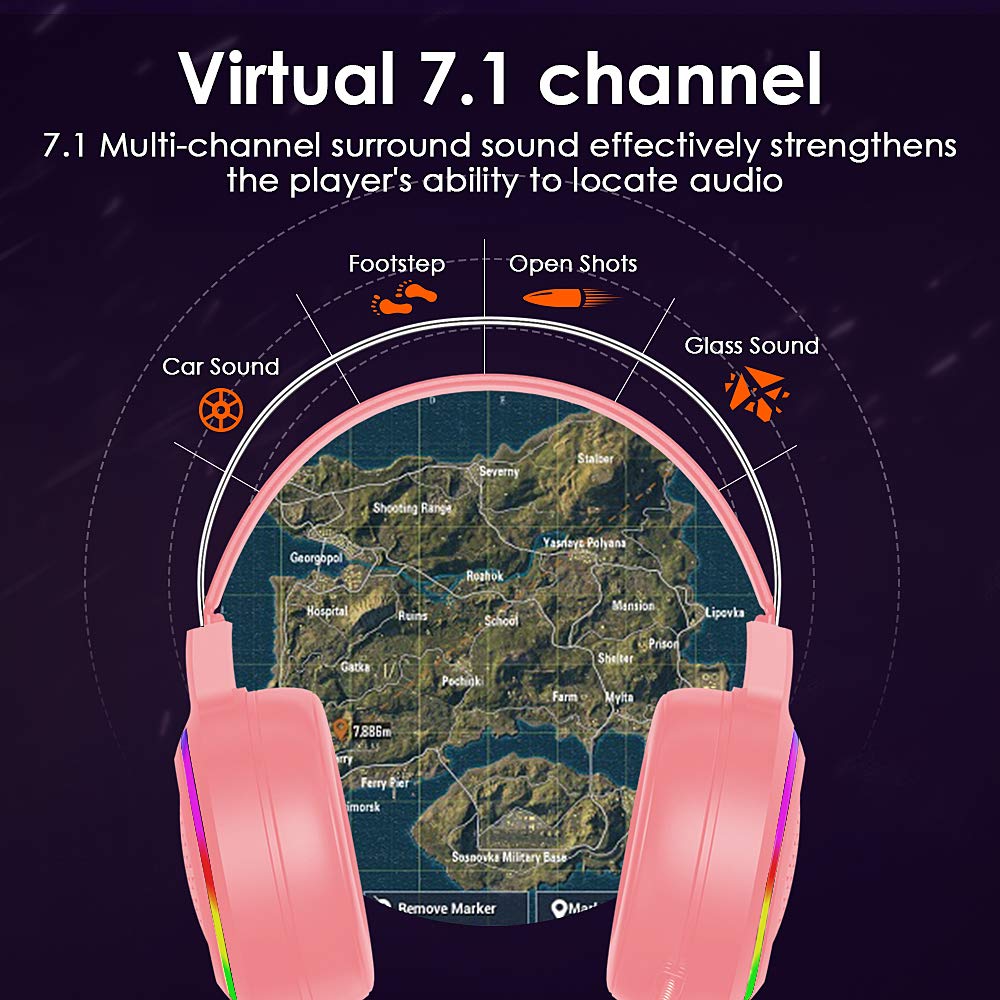 Auriculares para juegos con sonido envolvente 7.1, auriculares ligeros de PC con micrófono de cancelación de ruido, sonido envolvente de graves, orejeras de memoria suave, retroiluminación LED 2