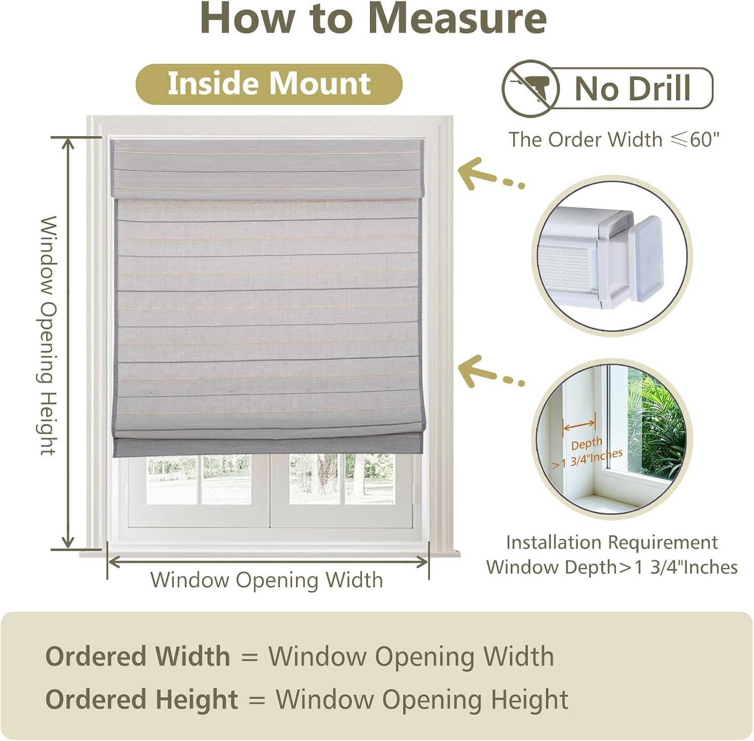 No Drill No Tools Custom Roman Shades|Natural Bamboo and Linen|Top Down Bottom Up Cordless|Cordless Natural Bamboo and Linen Roman Shades for Windows and Doors, Grey