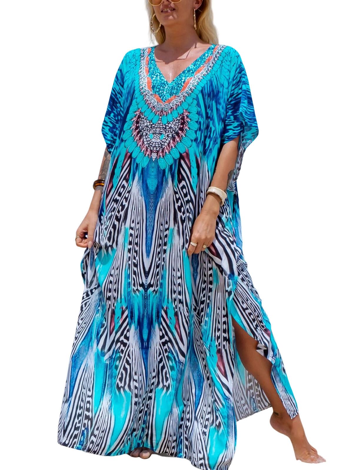Women's Plus Size Moroccan Print V-Neck Batwing Kaftan Loose Fit Beach Dress Bathing Suit Cover Up