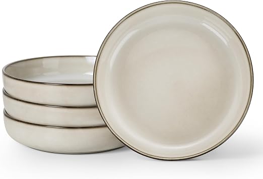 LIANYU Stoneware Pasta Bowls, 35oz Large Salad Pasta Bowl Set of 4 for Home, Wide and Shallow Ceramic Plate Bowls for Serving Soup, Dinner, Microwave & Dishwasher Safe, Sandy Beige