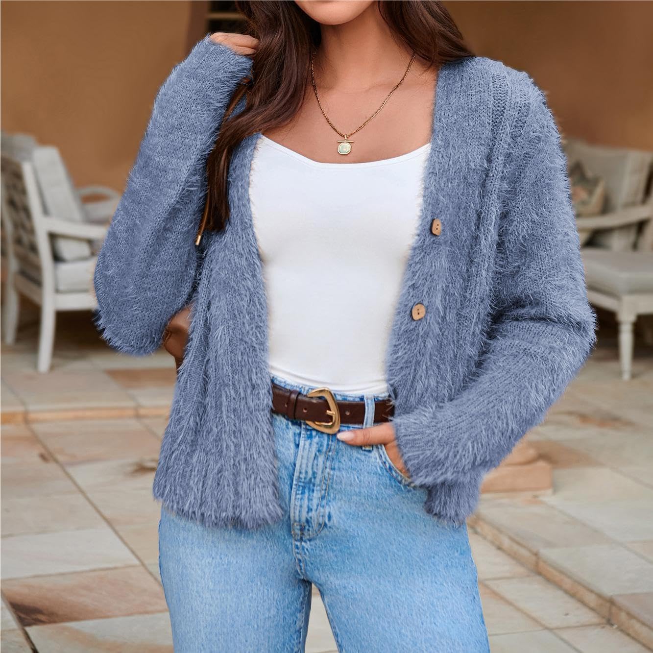 GRACE KARIN Cardigan da Donna a Maniche Lunghe con Scollo a V Corto Abbottonato Morbido e Accogliente Autunno Inverno Maglione Lavorato a Maglia Elegante Casual Giacca a Spalla Top